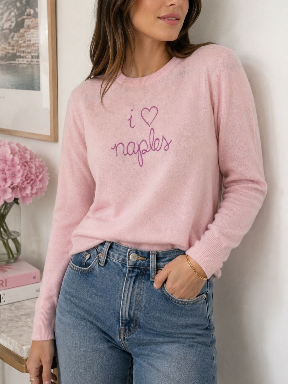 Lingua Franca I Love Naples Pink 100% Cashmere Sweater Size S